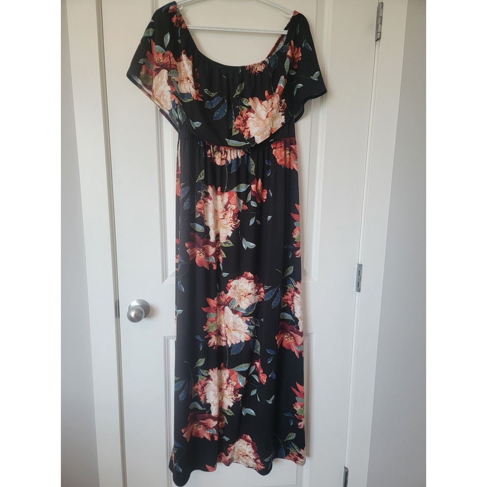 Chic Soul Black Floral Off Shoulder Maxi Dress Plus 1XL Ruffle Empire Waist